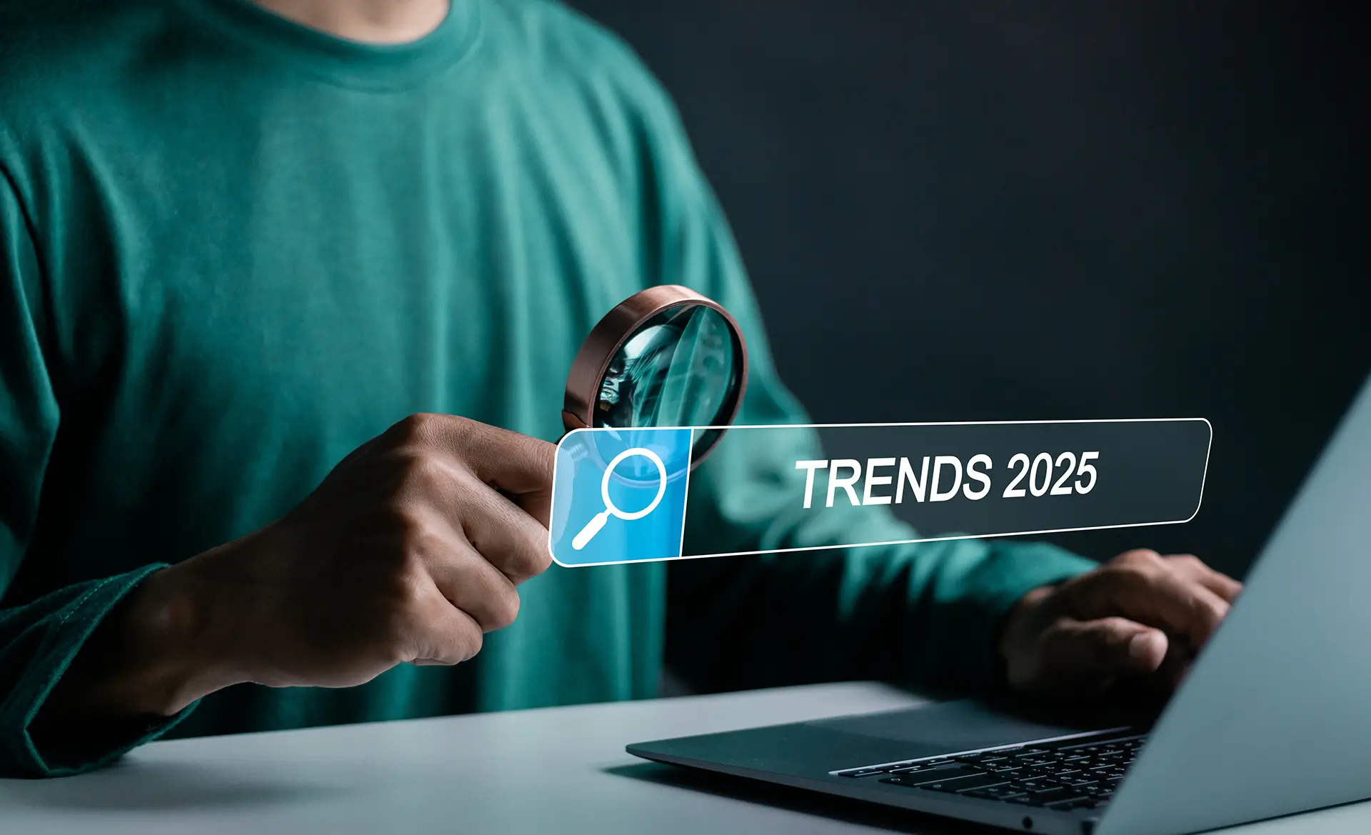 2025 trends concept. Person using laptop searching trends 2025, marketing monitor, setup objective target business cost and budget planning for new year.