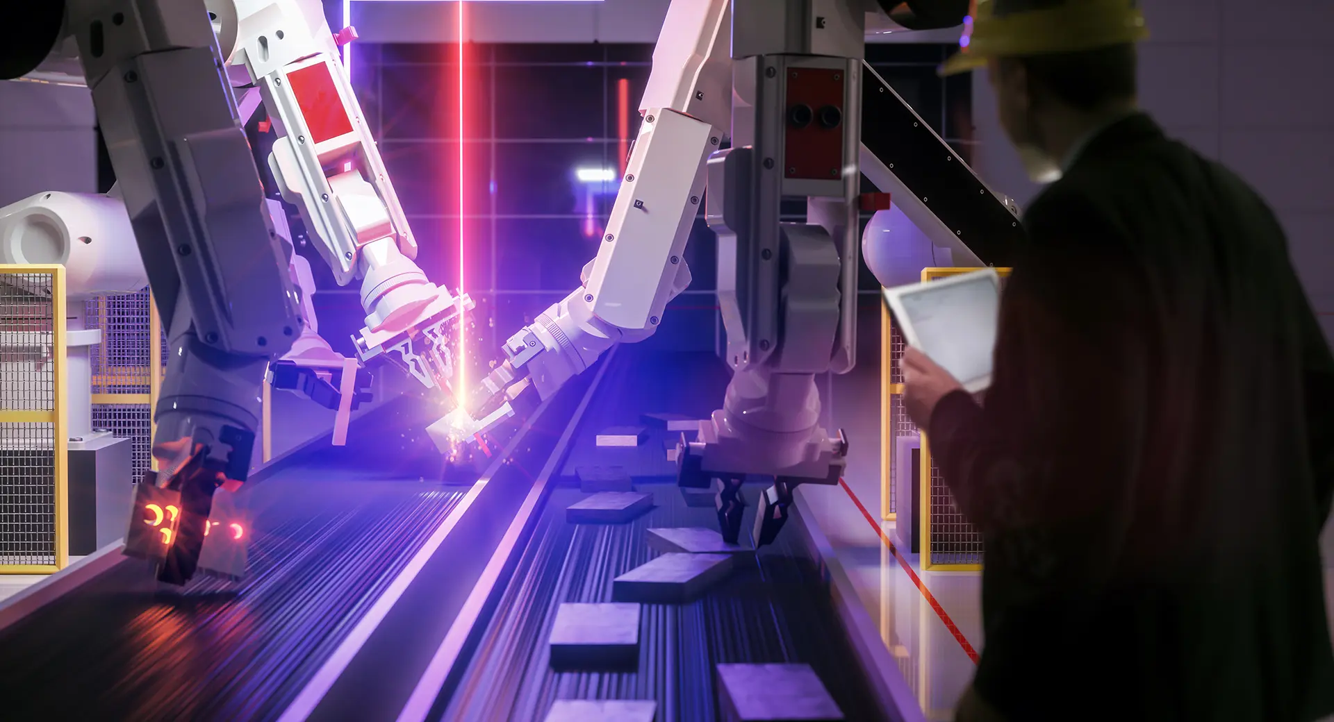 Smart automation industry robot in action welding metall while engineer uses his remote control table pc- industry 4.0 concept