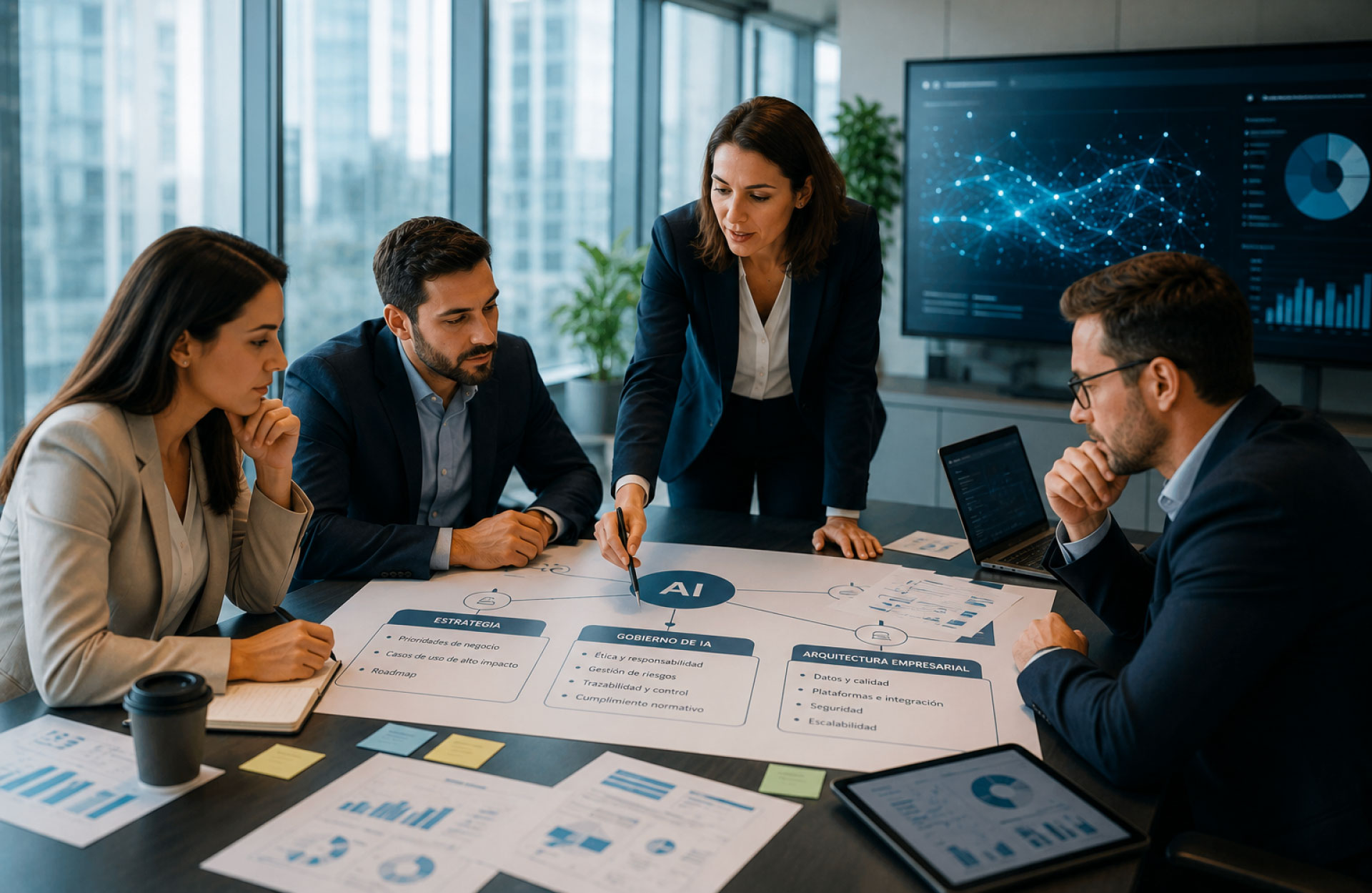 Equipo ejecutivo definiendo una estrategia de Inteligencia Artificial con gobierno de IA y arquitectura empresarial para acelerar la transformación digital.