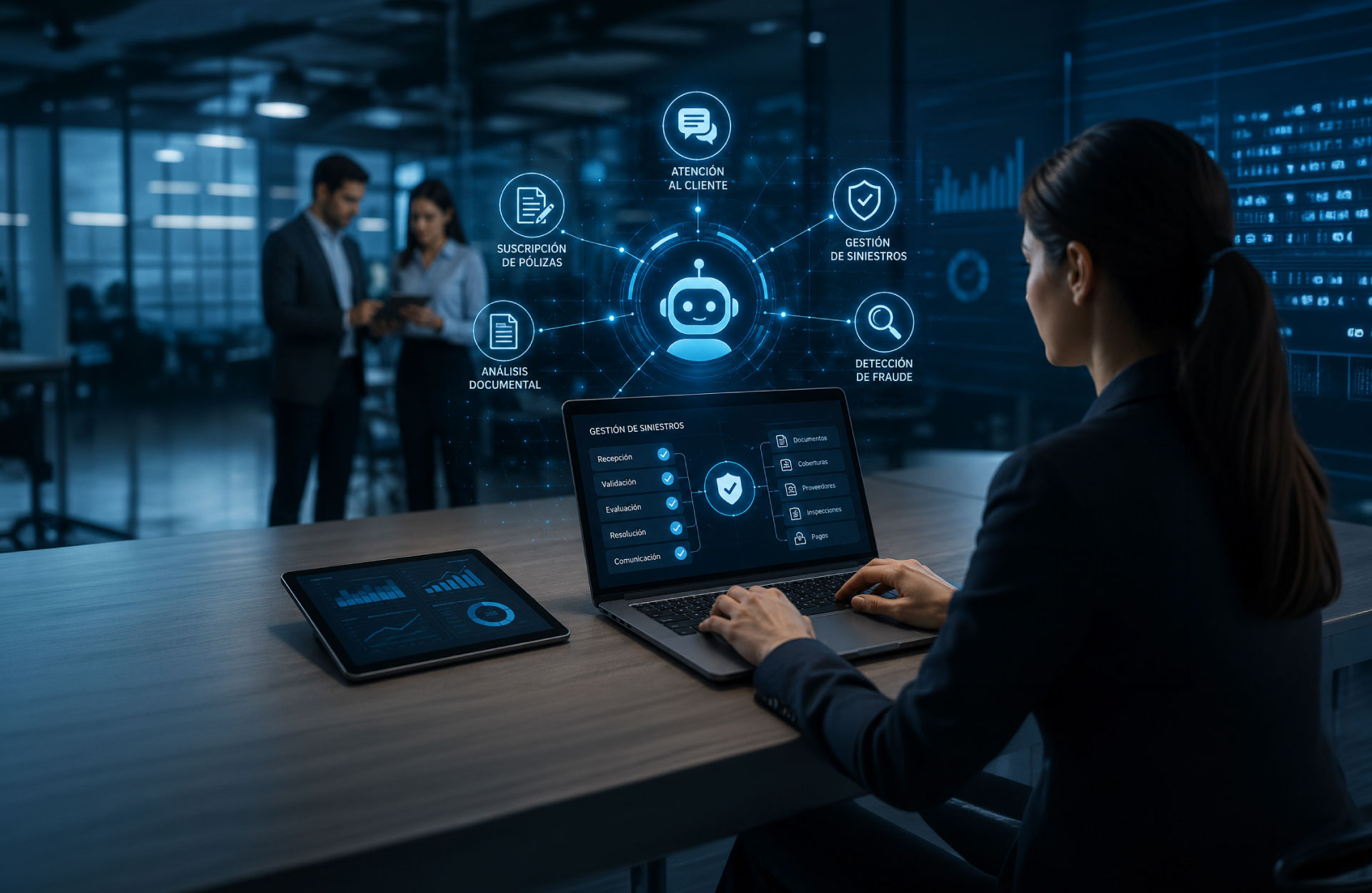 Agentes de inteligencia artificial automatizando procesos en una aseguradora mediante análisis de datos, gestión de siniestros y atención al cliente.
